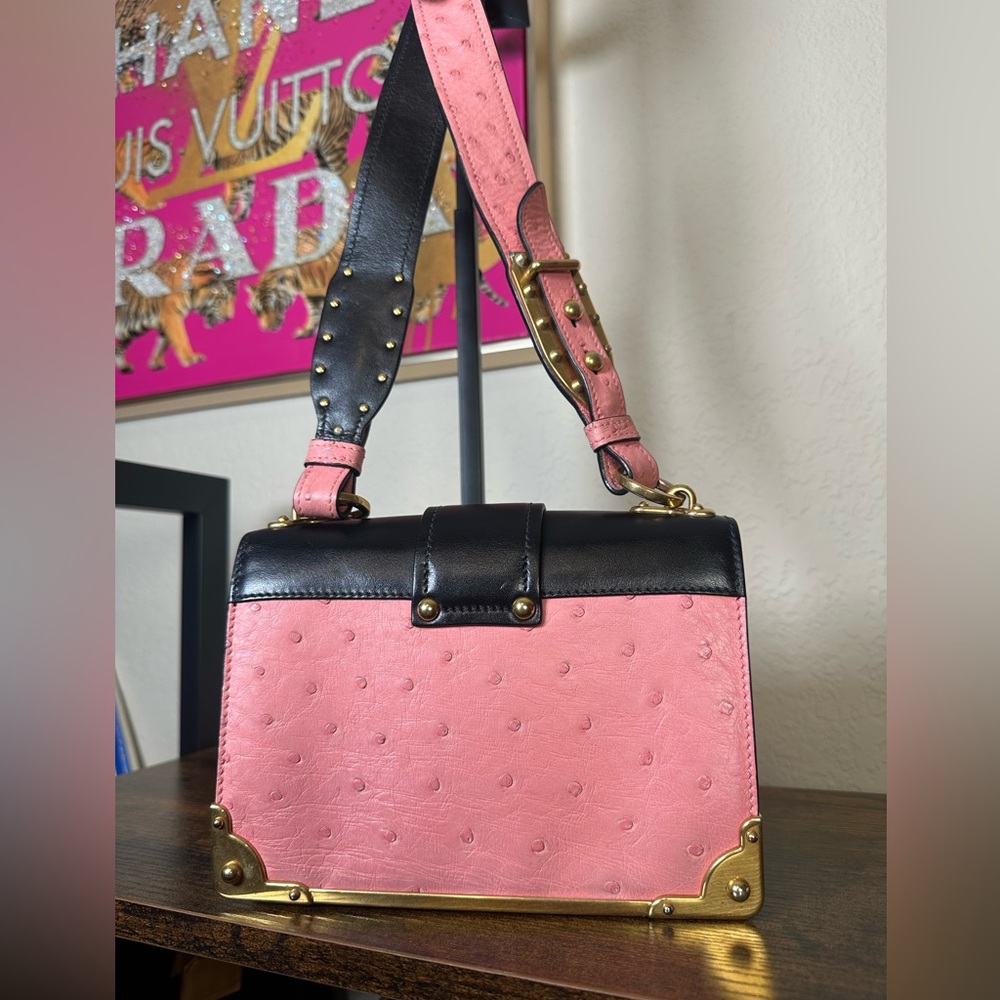 Prada Cahier Ostrich Pink & Black Leather Hand & Crossbody Bag - Picture 2 of 16